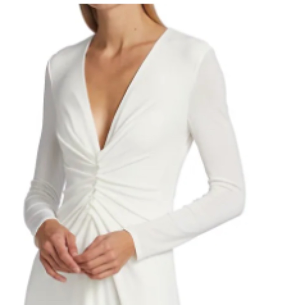 Halston V-Neck Ruched Jersey Gown (White, Medium)
